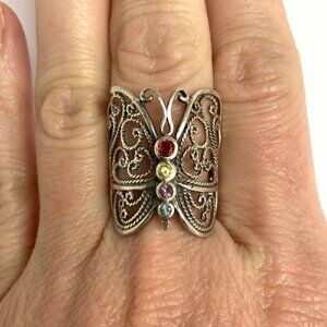 Sterling Silver 925 Multi Color Cubic Zirconia Filigree Butterfly Ring Sz 8.5